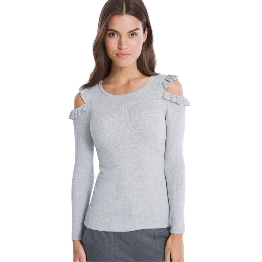 White House Black Market LS Ruffled Shoulder Sweater in Grey